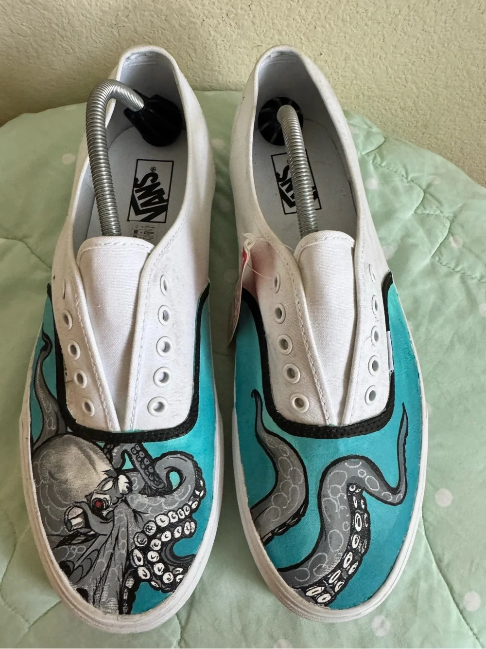 NEW Custom Painted Vans White Slip-On Sneakers with Teal Octopus Design size 13